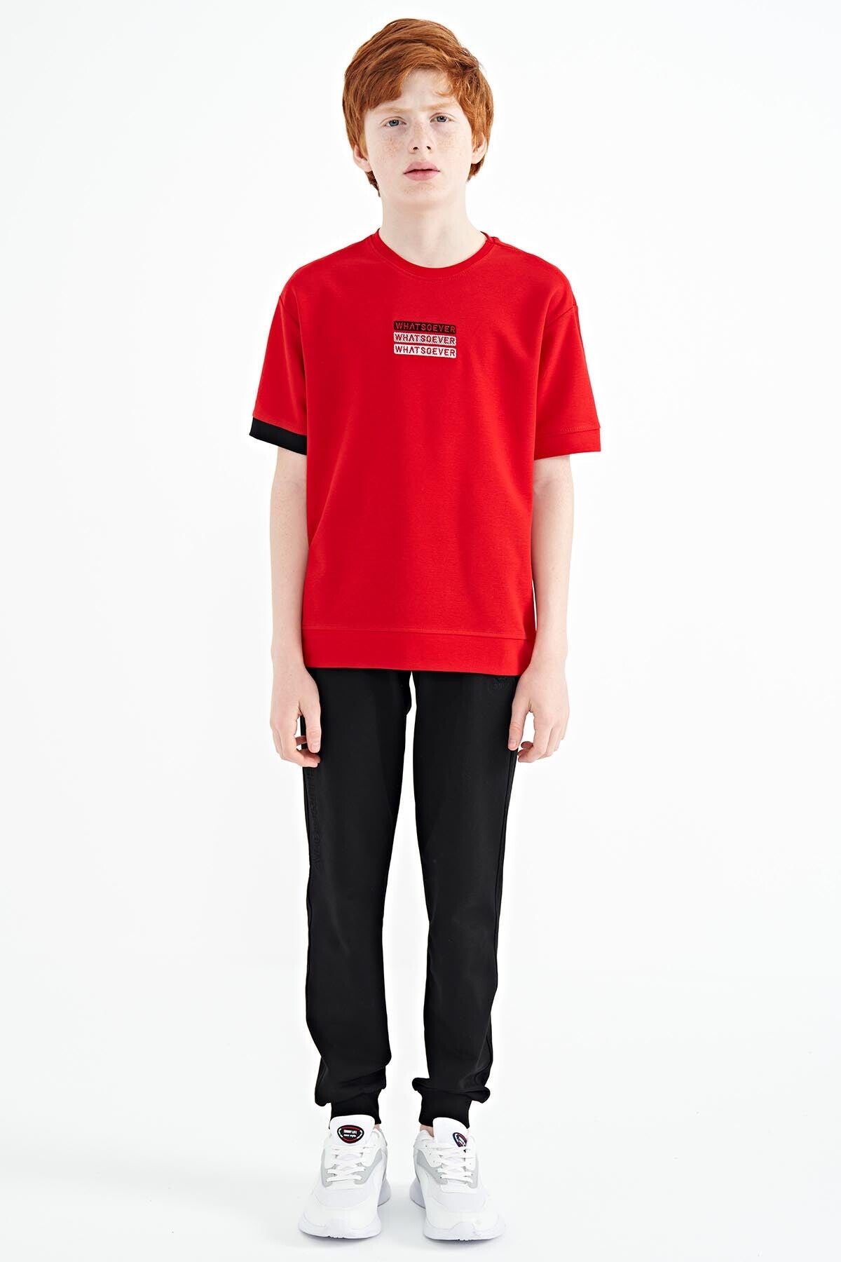 Red Embroidered O Collar Oversize Boys T-Shirt - 11146