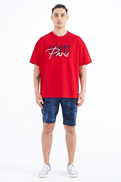 Red Embroidered Letter O Collar Oversize Men's T-Shirt - 88223