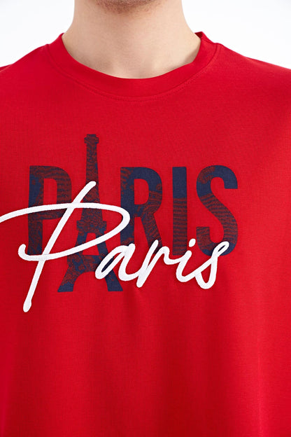 Red Embroidered Letter O Collar Oversize Men's T-Shirt - 88223