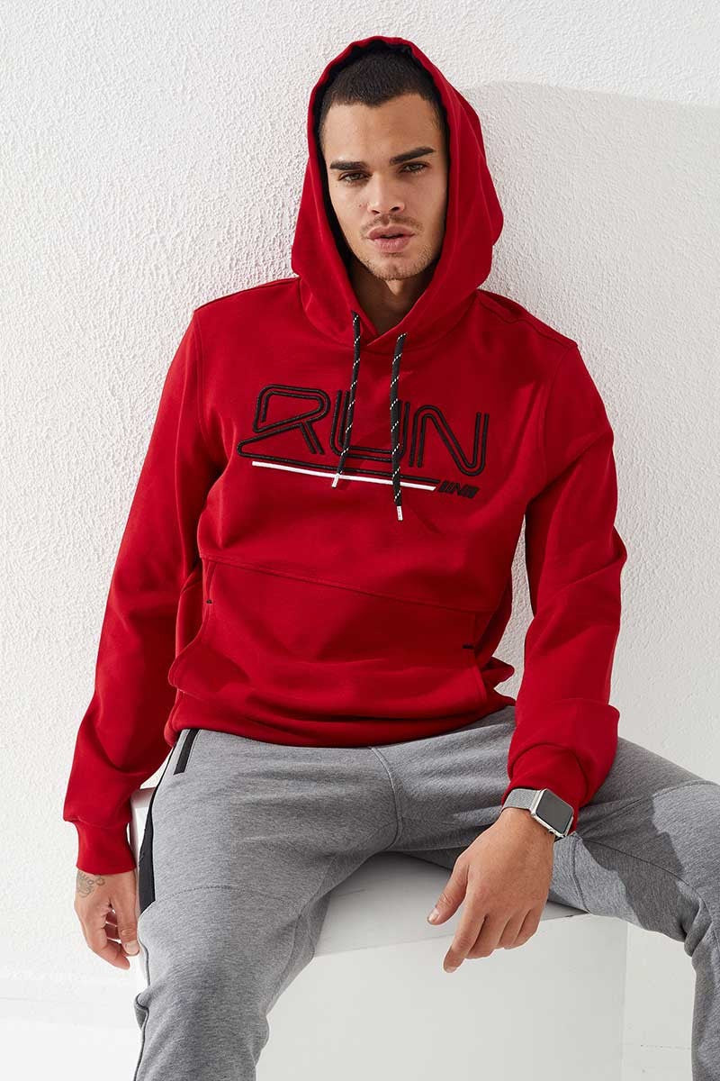 Red Embroidered Letter Standard Fit Men's Hooded Sweatshirt - 87887