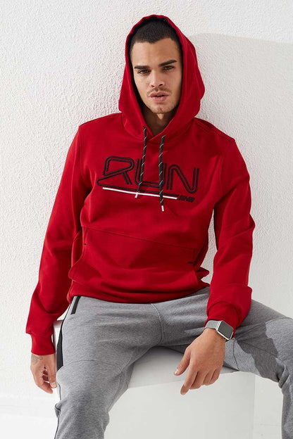 Red Embroidered Letter Standard Fit Men's Hooded Sweatshirt - 87887