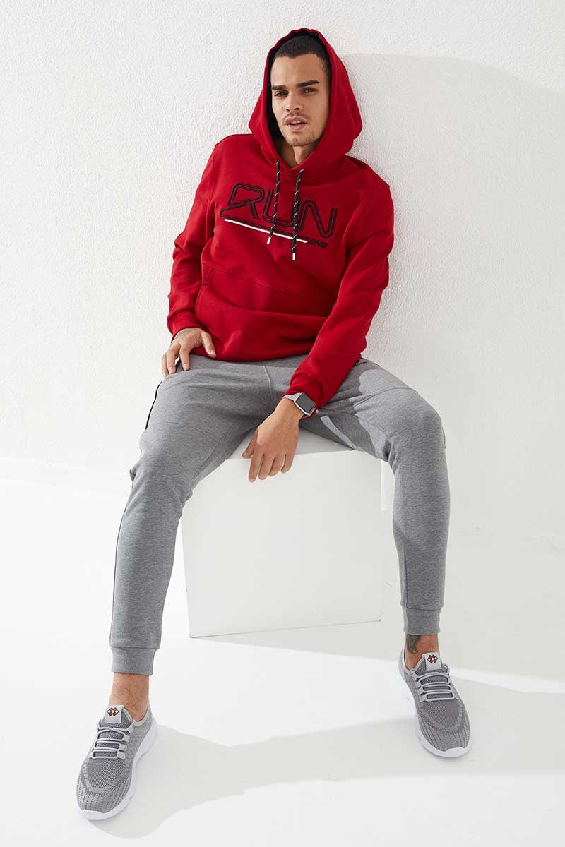 Red Embroidered Letter Standard Fit Men's Hooded Sweatshirt - 87887