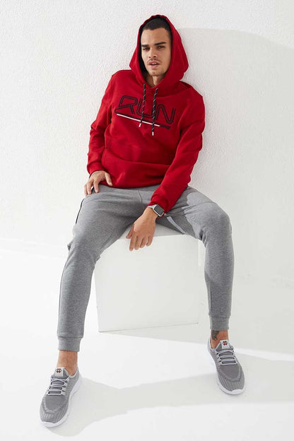 Red Embroidered Letter Standard Fit Men's Hooded Sweatshirt - 87887