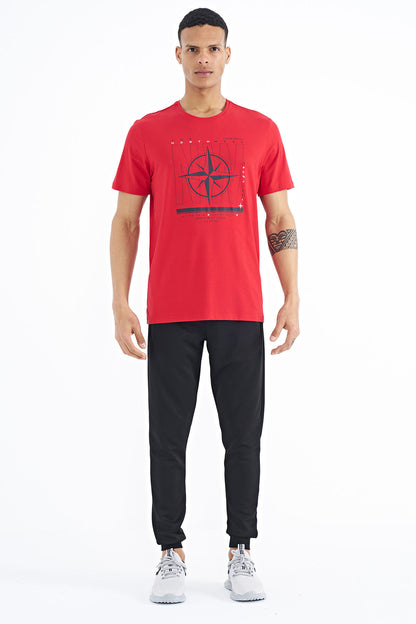 Red Print and Compass Printed Standard Fit O Collar Men's T-Shirt - 88173
