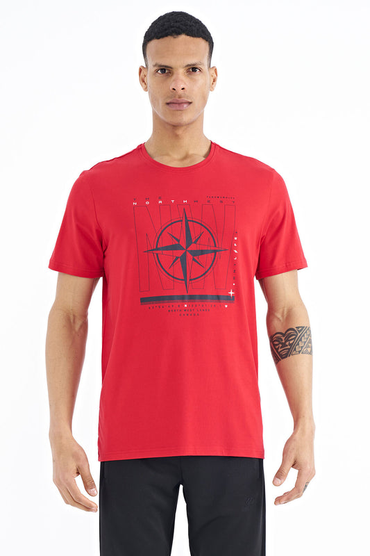 Red Print and Compass Printed Standard Fit O Collar Men's T-Shirt - 88173