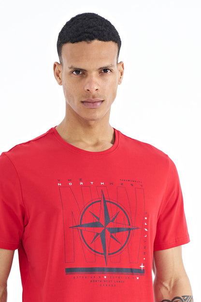 Red Print and Compass Printed Standard Fit O Collar Men's T-Shirt - 88173