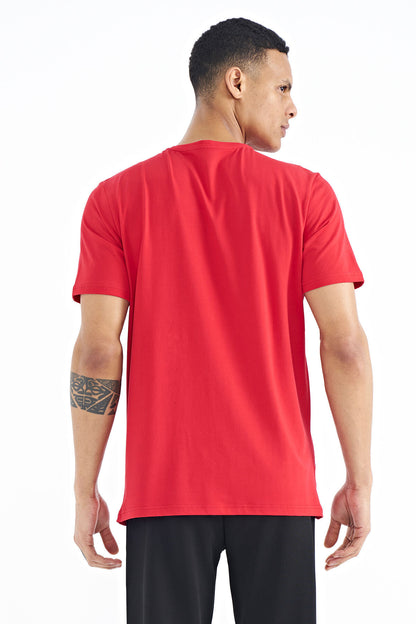Red Print and Compass Printed Standard Fit O Collar Men's T-Shirt - 88173