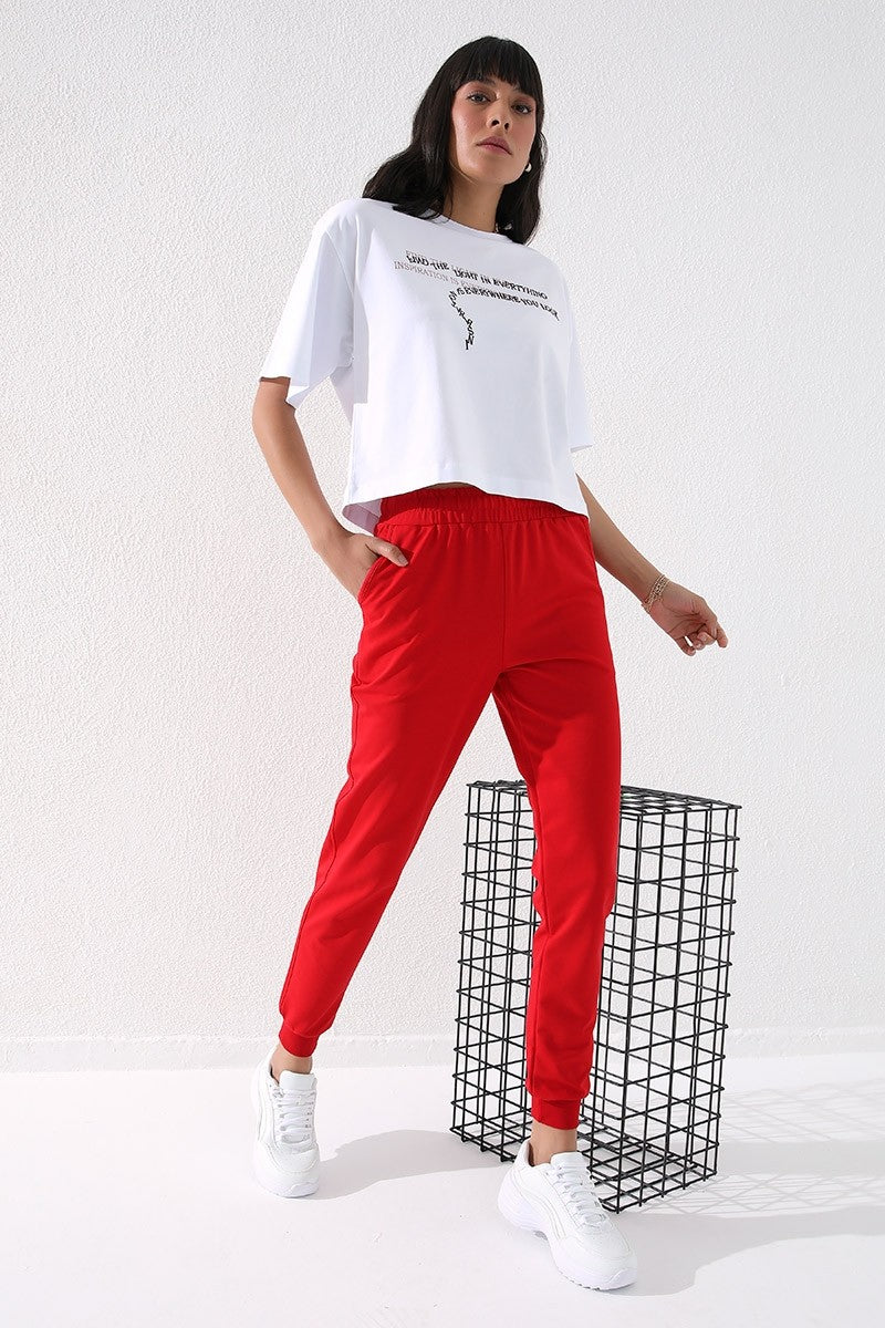 Red High Waist Jogger Comfort Fit Cuffed Women's Tracksuit Bottom - 94561