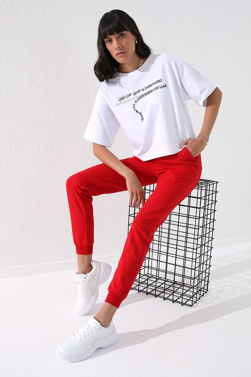 Red High Waist Jogger Comfort Fit Cuffed Women's Tracksuit Bottom - 94561