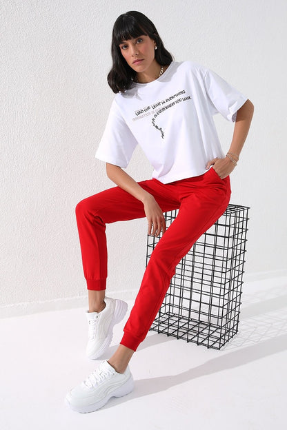 Red High Waist Jogger Comfort Fit Cuffed Women's Tracksuit Bottom - 94561