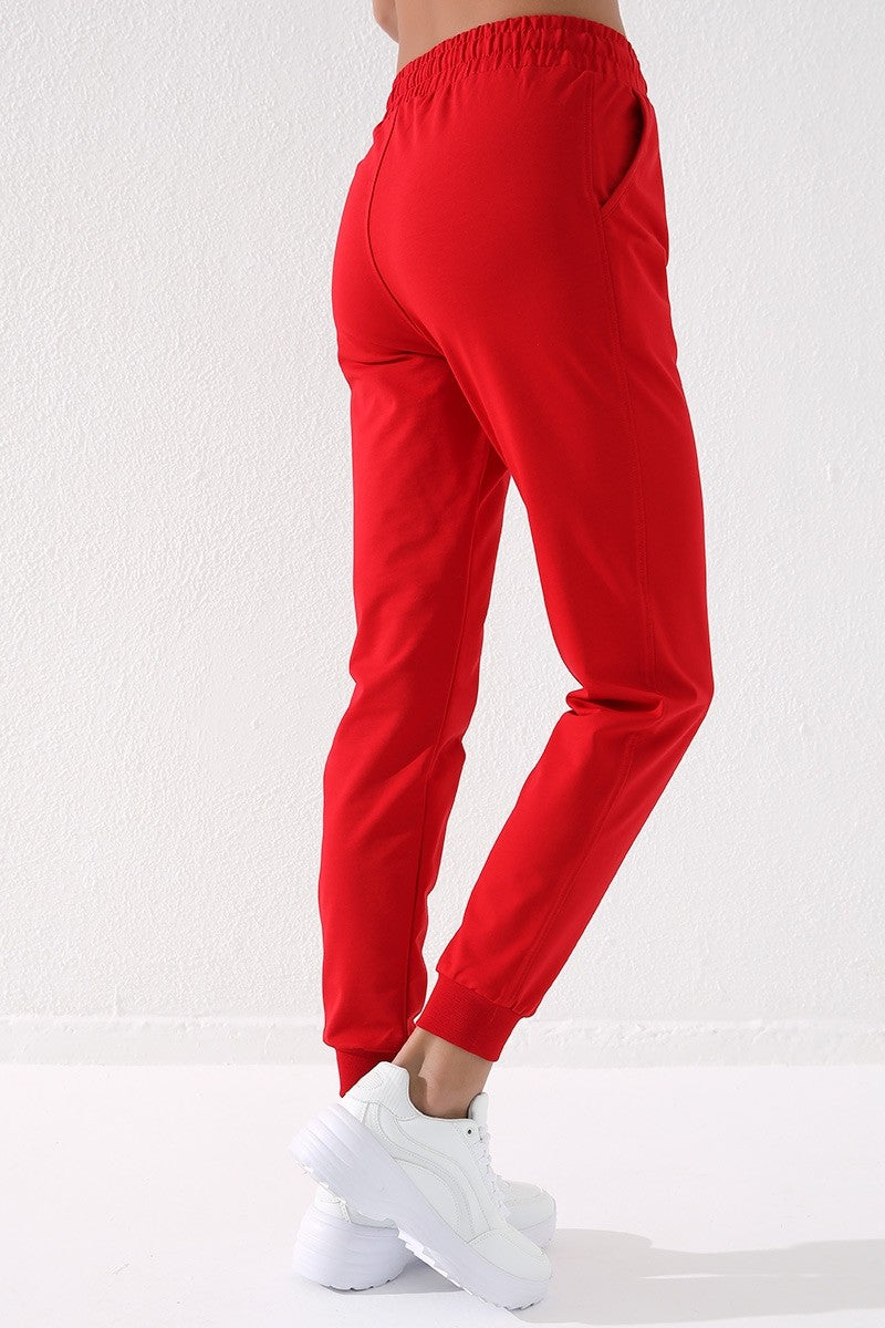 Red High Waist Jogger Comfort Fit Cuffed Women's Tracksuit Bottom - 94561