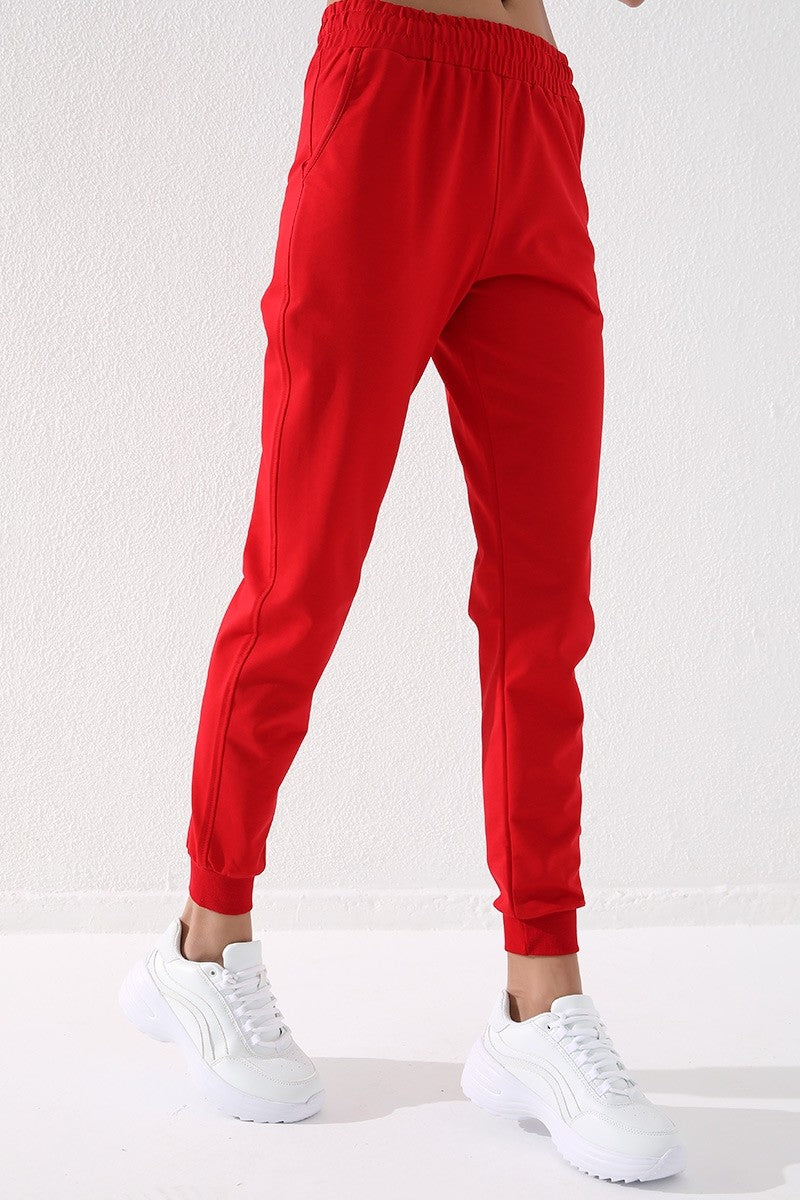 Red High Waist Jogger Comfort Fit Cuffed Women's Tracksuit Bottom - 94561