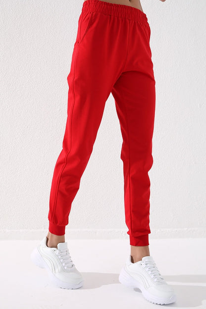 Red High Waist Jogger Comfort Fit Cuffed Women's Tracksuit Bottom - 94561