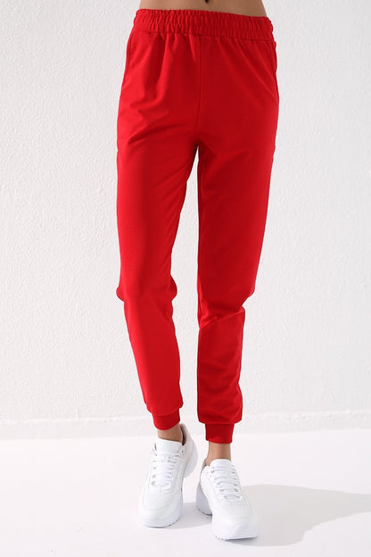 Red High Waist Jogger Comfort Fit Cuffed Women's Tracksuit Bottom - 94561