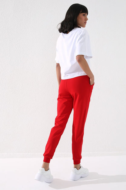 Red High Waist Jogger Comfort Fit Cuffed Women's Tracksuit Bottom - 94561