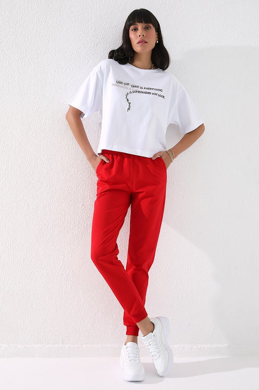 Red High Waist Jogger Comfort Fit Cuffed Women's Tracksuit Bottom - 94561