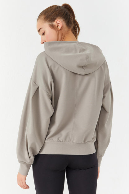 Dark Beige Balloon Sleeve Hooded Women's Oversize Sweatshirt - 97156