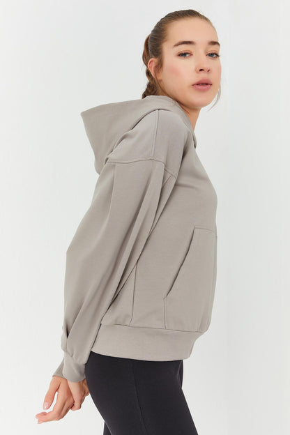 Dark Beige Balloon Sleeve Hooded Women's Oversize Sweatshirt - 97156