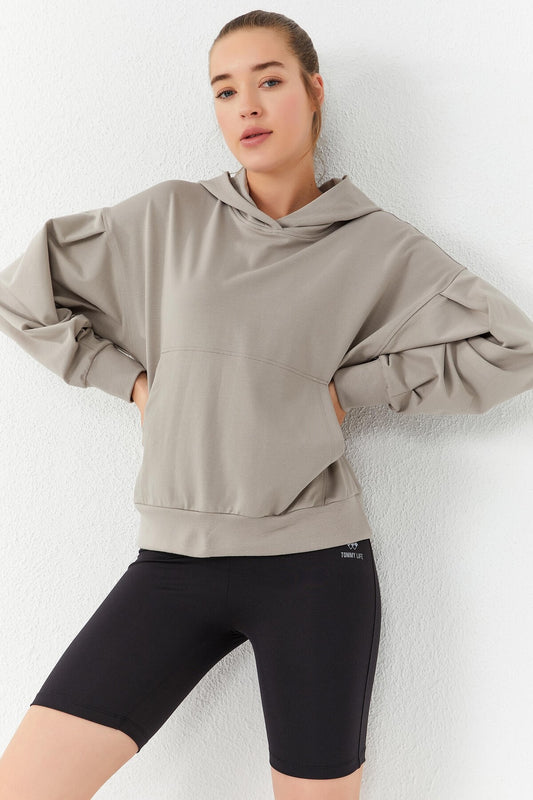 Dark Beige Balloon Sleeve Hooded Women's Oversize Sweatshirt - 97156