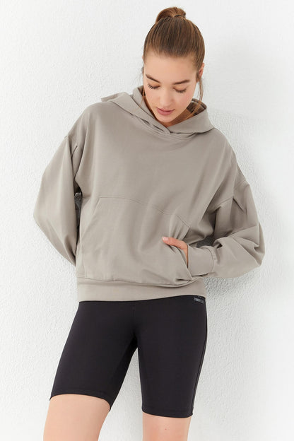 Dark Beige Balloon Sleeve Hooded Women's Oversize Sweatshirt - 97156