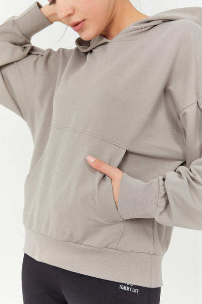 Dark Beige Balloon Sleeve Hooded Women's Oversize Sweatshirt - 97156