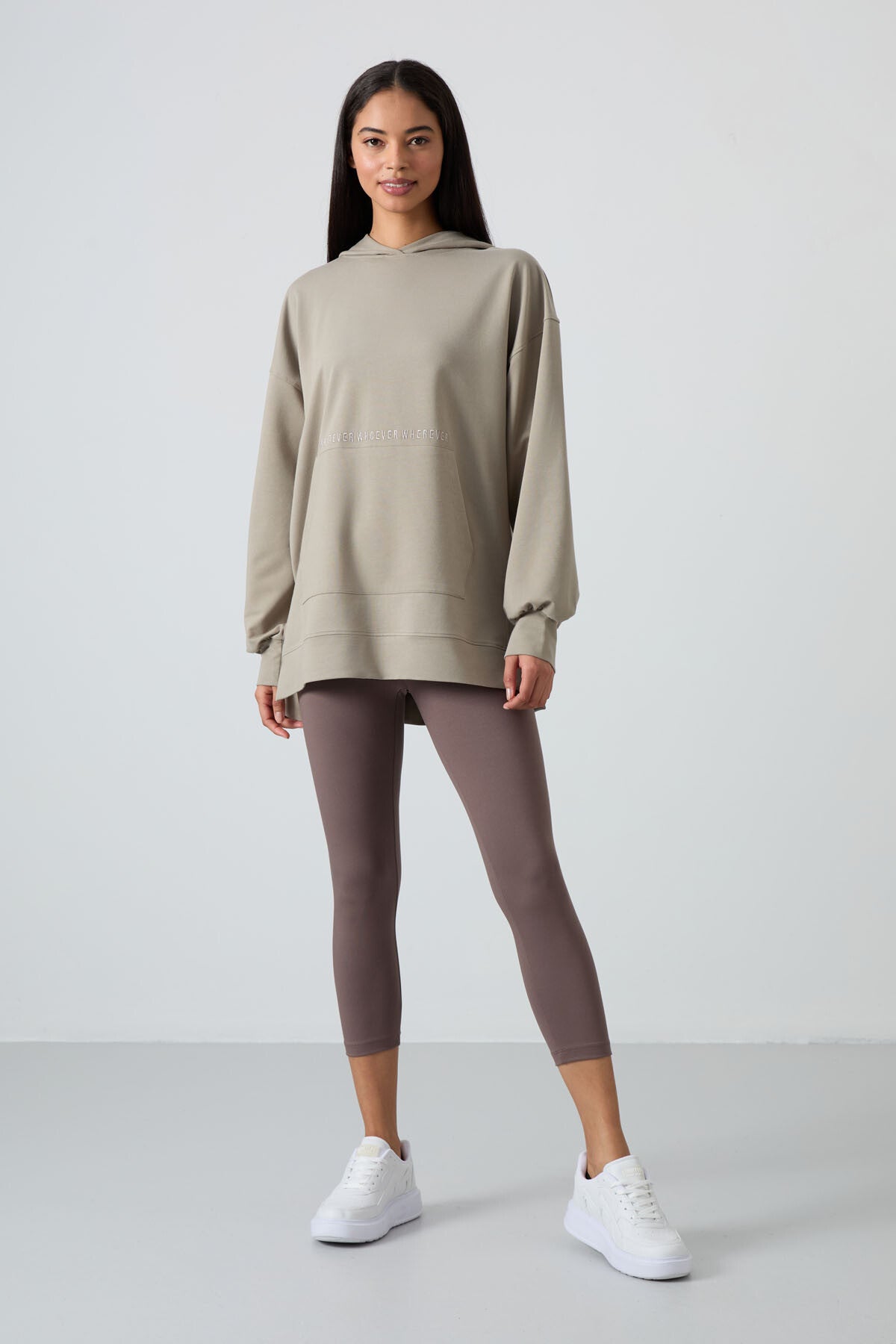 Dark Beige Balloon Sleeve Embroidered Women's Oversize Tunic Sweatshirt - 97163