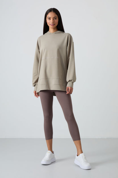 Dark Beige Balloon Sleeve Embroidered Women's Oversize Tunic Sweatshirt - 97163