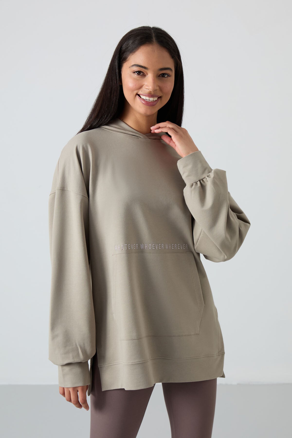 Dark Beige Balloon Sleeve Embroidered Women's Oversize Tunic Sweatshirt - 97163