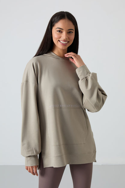 Dark Beige Balloon Sleeve Embroidered Women's Oversize Tunic Sweatshirt - 97163