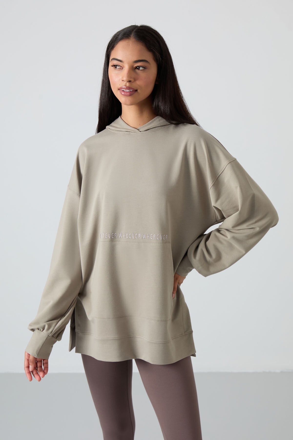 Dark Beige Balloon Sleeve Embroidered Women's Oversize Tunic Sweatshirt - 97163