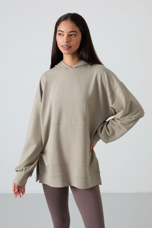 Dark Beige Balloon Sleeve Embroidered Women's Oversize Tunic Sweatshirt - 97163