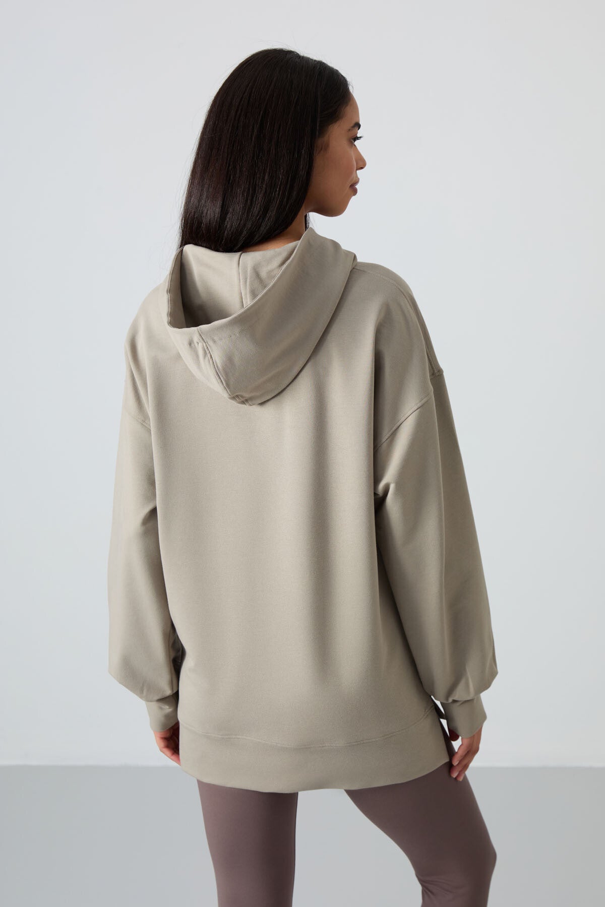 Dark Beige Balloon Sleeve Embroidered Women's Oversize Tunic Sweatshirt - 97163