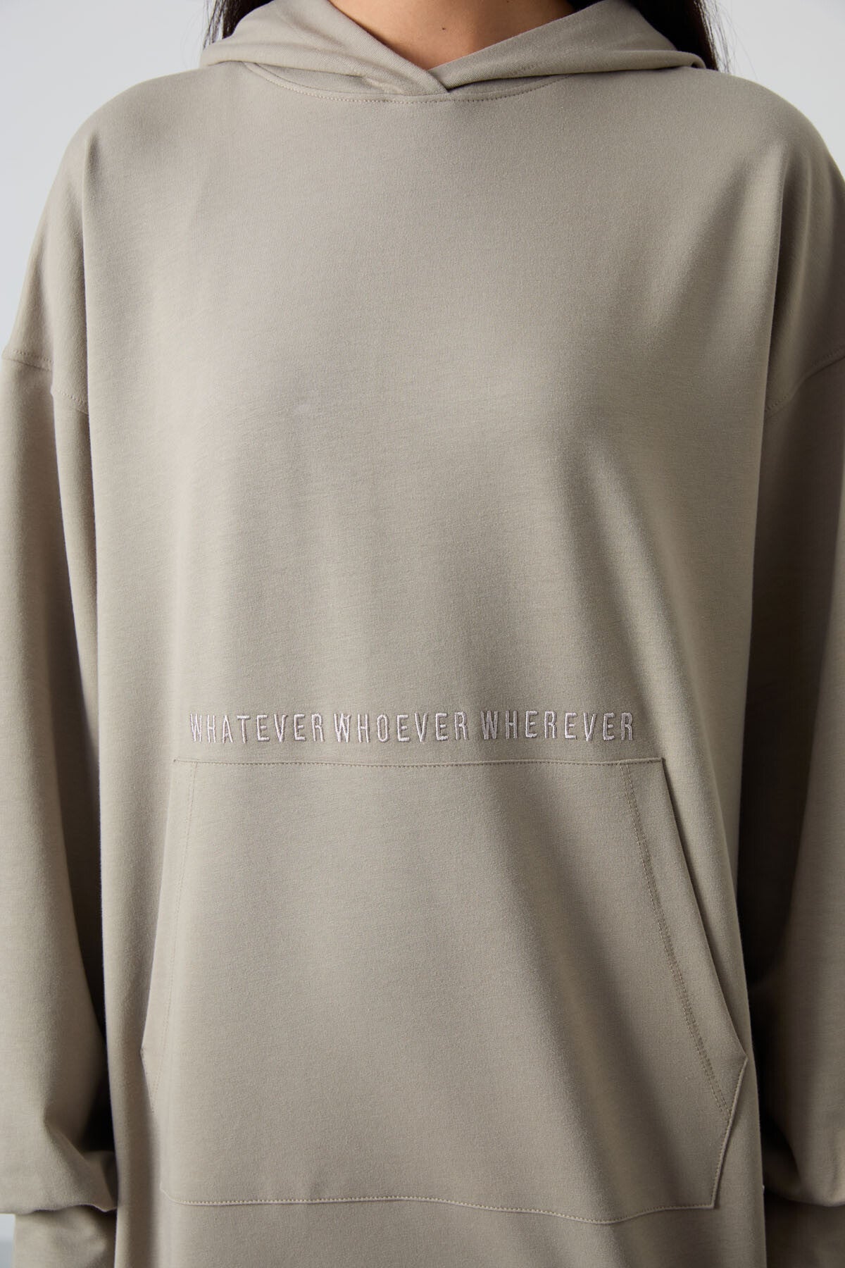 Dark Beige Balloon Sleeve Embroidered Women's Oversize Tunic Sweatshirt - 97163