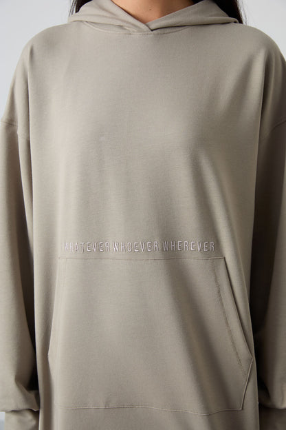 Dark Beige Balloon Sleeve Embroidered Women's Oversize Tunic Sweatshirt - 97163