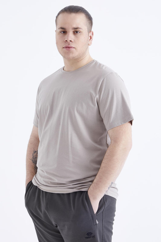 Dark Beige Basic Short Sleeve O Neck Large Size Men's T-Shirt - 88072