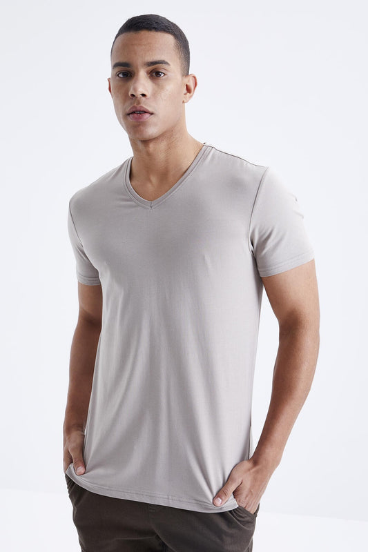 Dark Beige Basic Short Sleeve Standard Fit V-Neck Men's T-Shirt - 87912