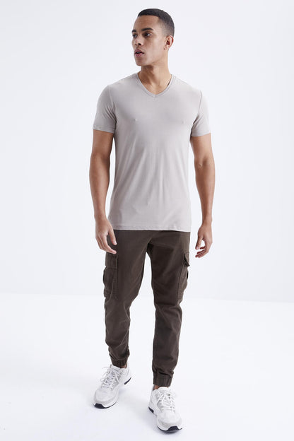 Dark Beige Basic Short Sleeve Standard Fit V-Neck Men's T-Shirt - 87912