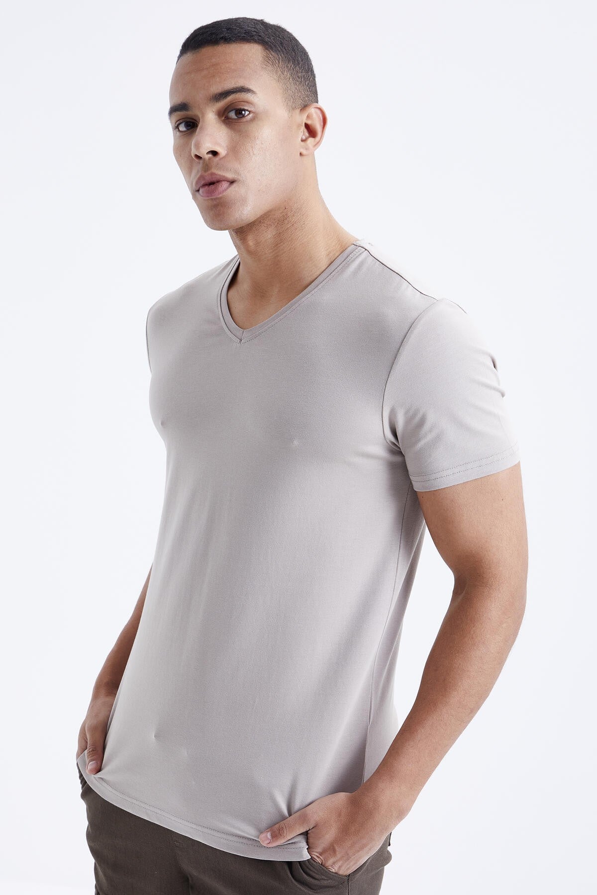 Dark Beige Basic Short Sleeve Standard Fit V-Neck Men's T-Shirt - 87912