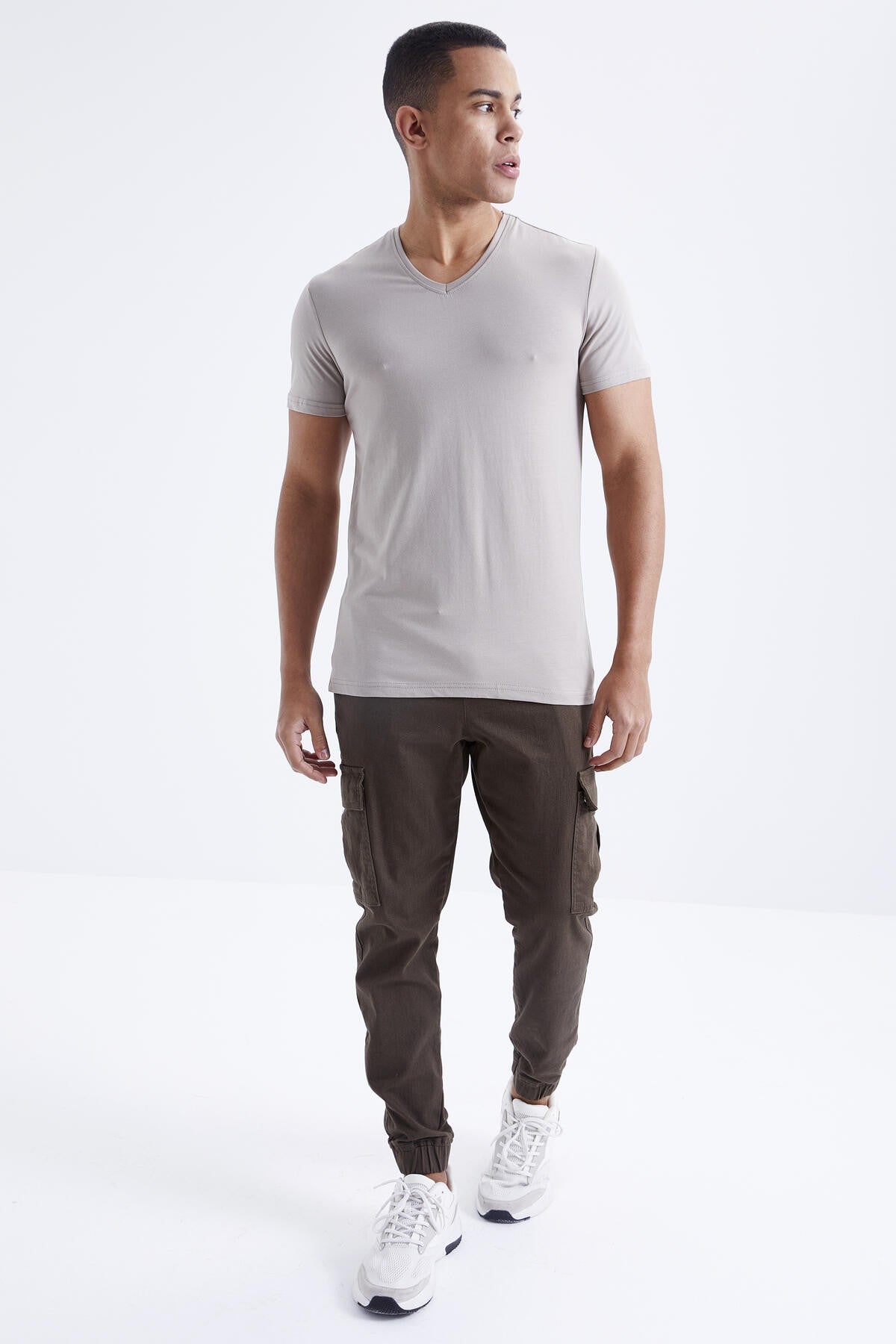 Dark Beige Basic Short Sleeve Standard Fit V-Neck Men's T-Shirt - 87912