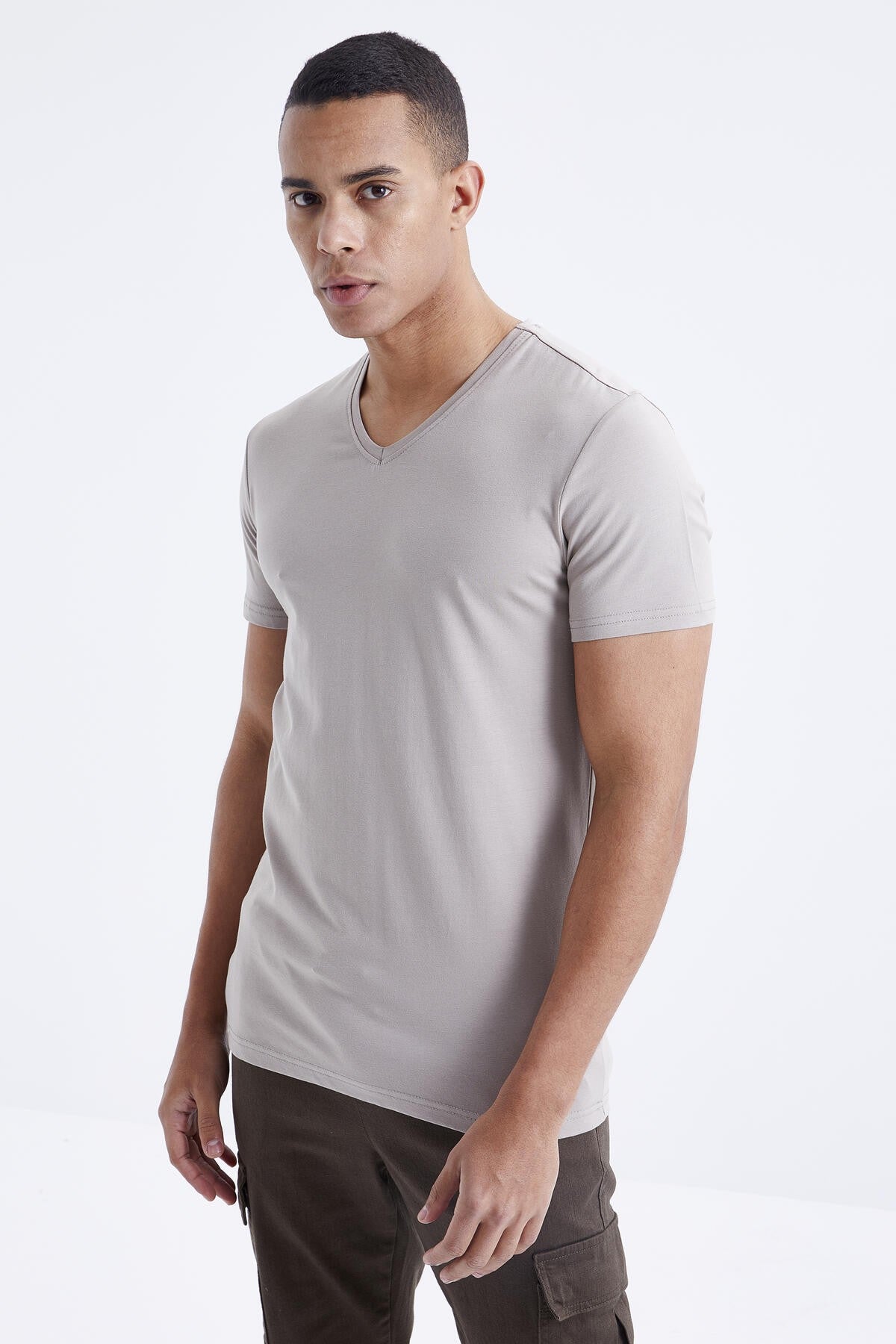 Dark Beige Basic Short Sleeve Standard Fit V-Neck Men's T-Shirt - 87912