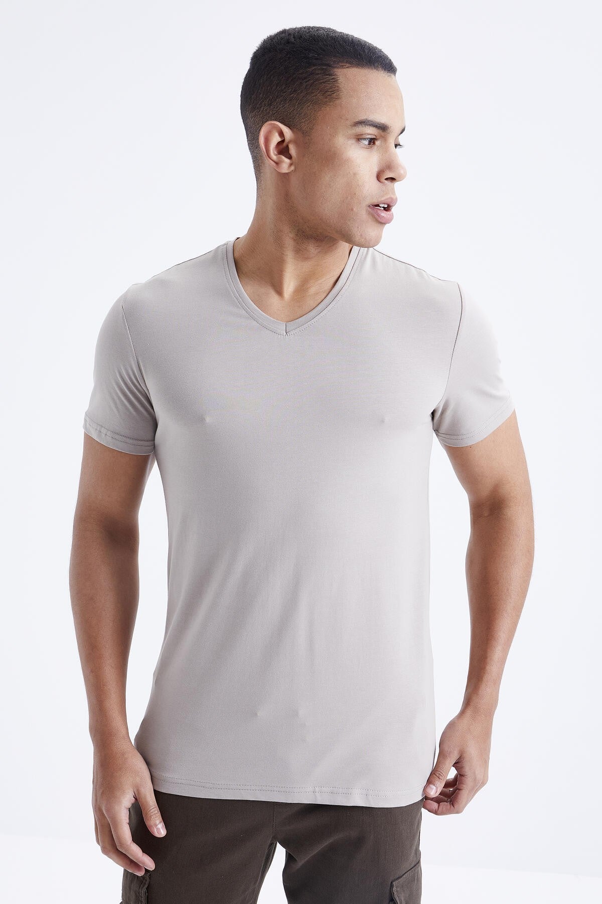 Dark Beige Basic Short Sleeve Standard Fit V-Neck Men's T-Shirt - 87912