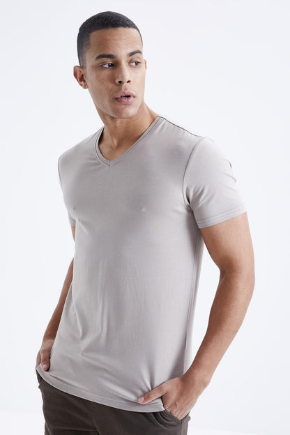 Dark Beige Basic Short Sleeve Standard Fit V-Neck Men's T-Shirt - 87912