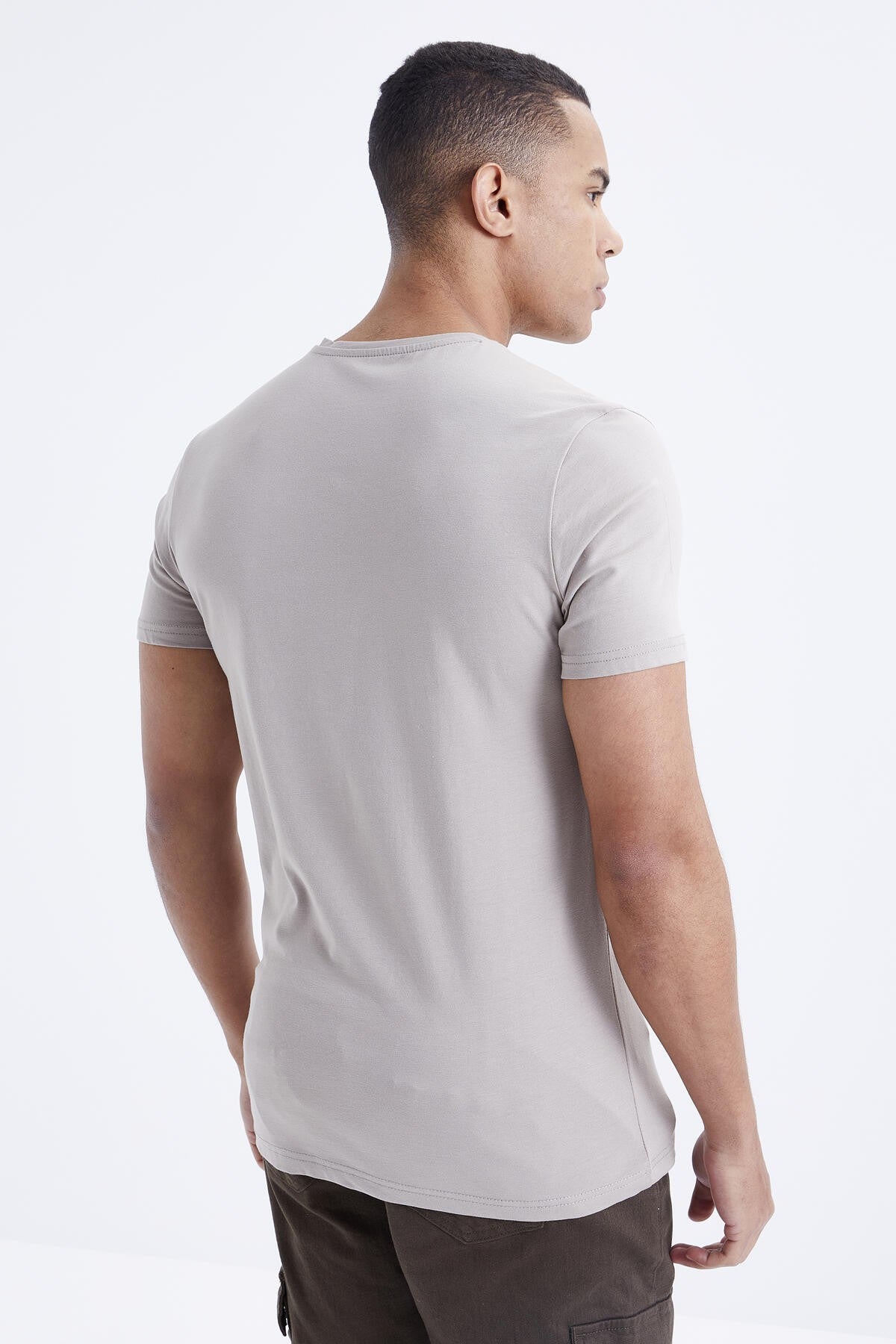 Dark Beige Basic Short Sleeve Standard Fit V-Neck Men's T-Shirt - 87912