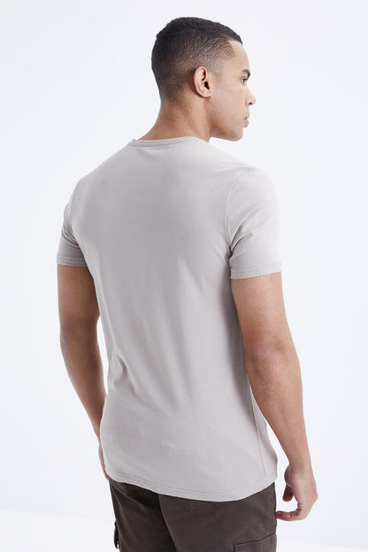 Dark Beige Basic Short Sleeve Standard Fit V-Neck Men's T-Shirt - 87912