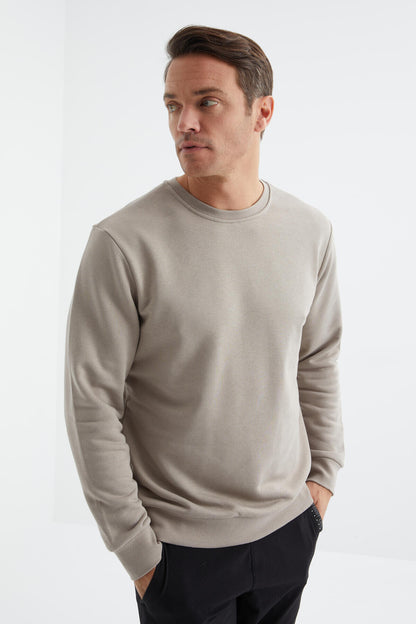 Dark Beige Basic Round Neck Comfort Fit Men's Sweatshirt - 88053