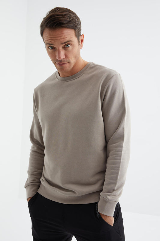 Dark Beige Basic Round Neck Comfort Fit Men's Sweatshirt - 88053