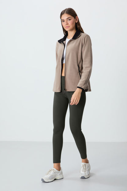 Dark Beige Thick Collar Zippered Comfort Fit Women's Fleece Sweatshirt - 97173