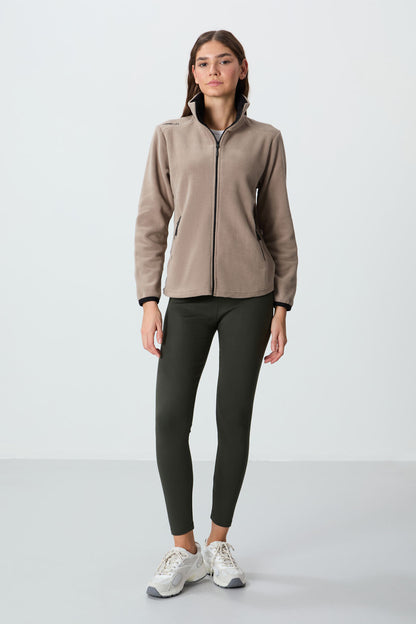 Dark Beige Thick Collar Zippered Comfort Fit Women's Fleece Sweatshirt - 97173