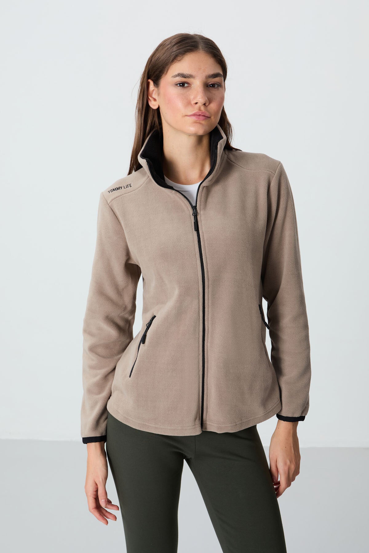 Dark Beige Thick Collar Zippered Comfort Fit Women's Fleece Sweatshirt - 97173