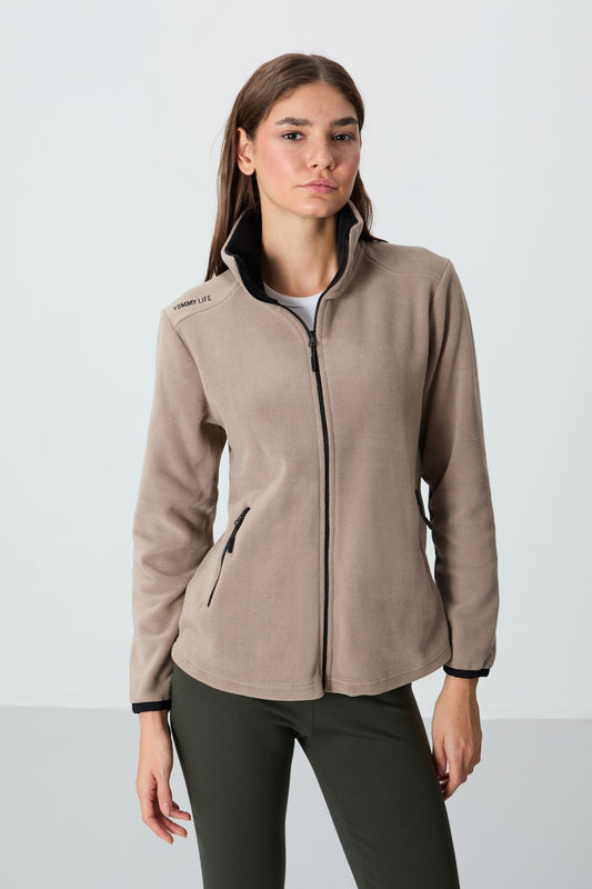 Dark Beige Thick Collar Zippered Comfort Fit Women's Fleece Sweatshirt - 97173